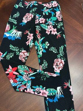 Krazy Larry Black Tropical Botanical Floral Pull On Stretch Ankle Pants Size 8